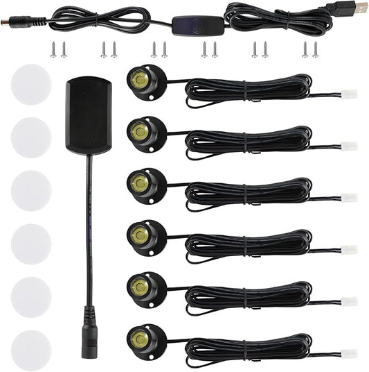 DEDC 6pcs Mini LED Spot Lights, 1W 5V 3000K Under Cabinet Lights, Mini Spotlights for Displays with Dimmer (Warm White-Pushbutton Switches-USB Plug)