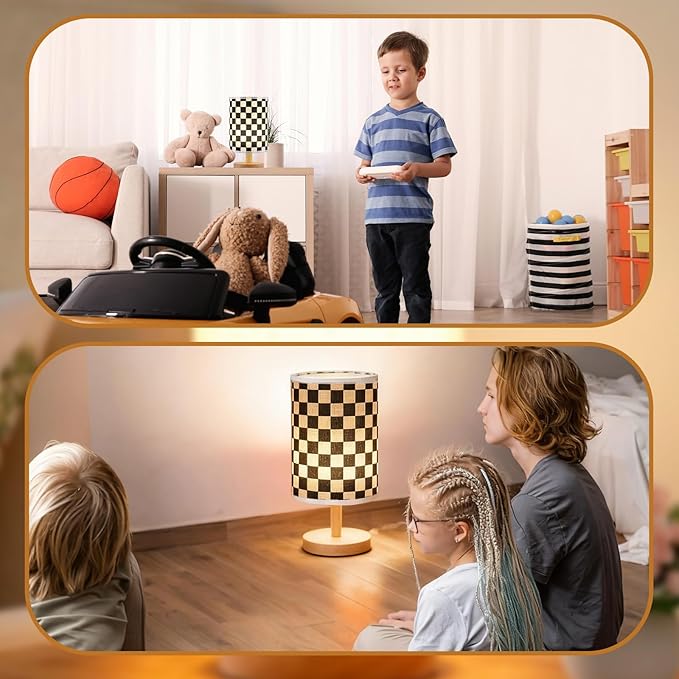 Baquler Bedside Lamp for Bedroom Black White Checkered Table Lamp with USB Racing Birthday Party Gifts Wood Base Round Flaxen Fabric Shade for Desk Living Room Office Classroom