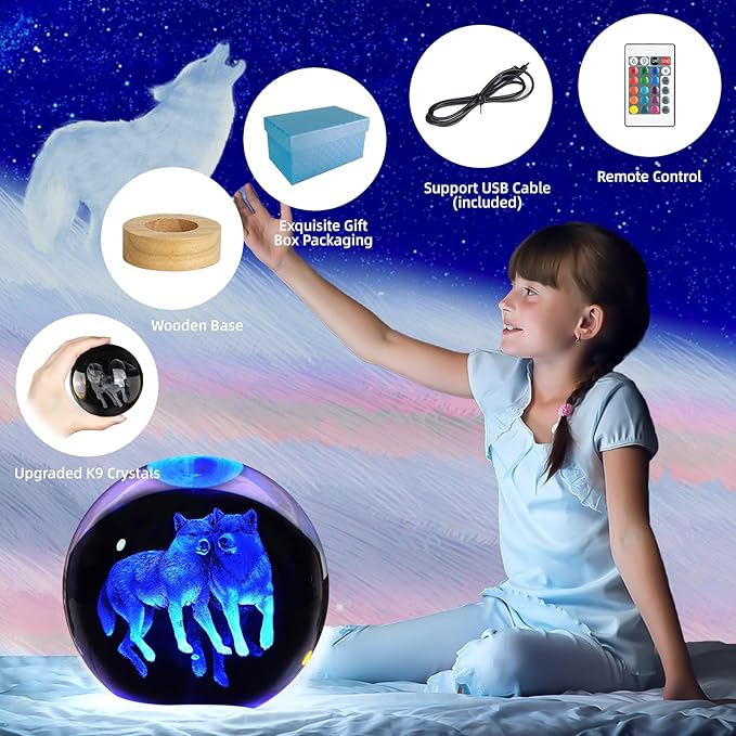 3D Wolf Crystal Ball Night Light - 3.15 Inch Glass Lamp With 16 Color LED Wooden Base, Statue Decor for Birthday, Holiday, Christmas Gifts