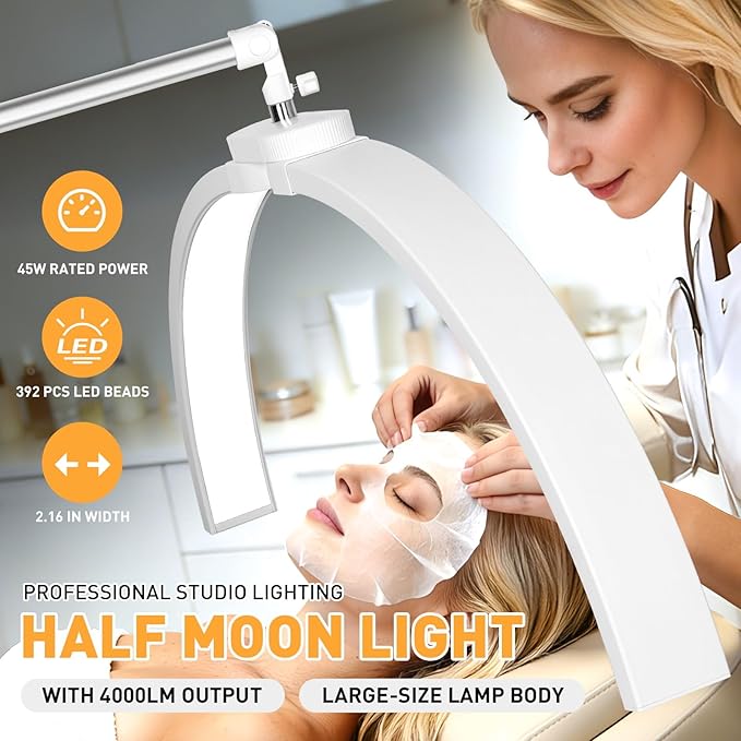 Half Moon Light for Eyelash Tech,27.5” Ultra-Wide 45W Lash Light with 392 LEDs, Adjustable Height Esthetician Light with Phone Holder, Dimmable Tattoo & Nail Tech Lamp, Salon Lighting(White)