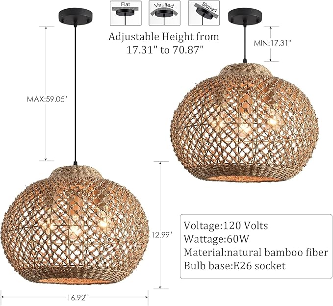 17" Rattan Pendant Light 3-Light Hand Woven Wicker Seagrass Hanging Light Boho Water Plants Rattan Chandelier for Dining Living Bedroom Kitchen Farmhouse