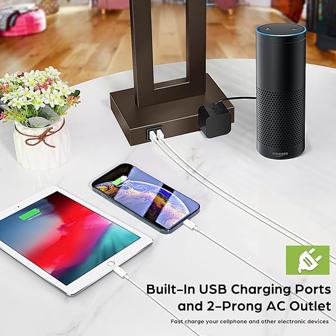 Set of 2 Touch Control Table Lamps with 2 USB Ports&AC Outlet, 3-Way Dimmable Modern Nightstand Lamp Sets, Brown Bedside Desk Lamps for Bedroom Living Room End Tables, Bulbs Included, Cream Shade