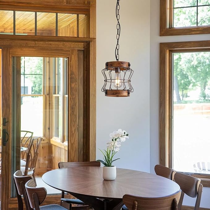 Farmhouse Chandelier Wood and Metal Rustic Light Fixtures 1-Light Round Cage Pendant Light Adjustable Height Industrial Hanging Light for Kitchen Island Hallway Bar Dining Room Entryway D 9.4" x H 9"