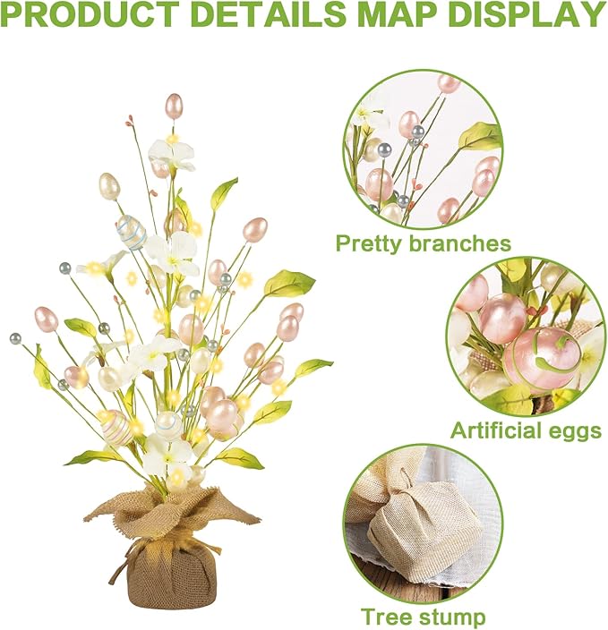 RoseCraft Easter Decorations, 18 Inch Easter Artificial Egg Tree Tabletop Decor with Delicate Ornaments, for Home Party Wedding Holiday Spring Summer Decoration, Pink/White.