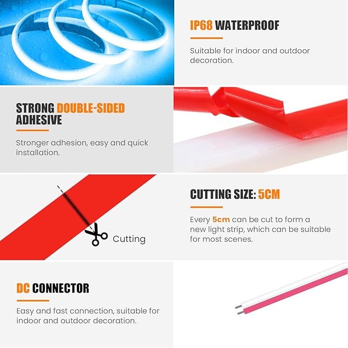 24V COB Neon Strip, 320LEDs/m Ultra-Bright Flexible COB Neon LED Strip, Outdoor Waterproof IP68 Self-Adhesive Tape, Red/White 2-Wire LED Fairy Lights for Patio, Christmas（Ice Blue,15M）
