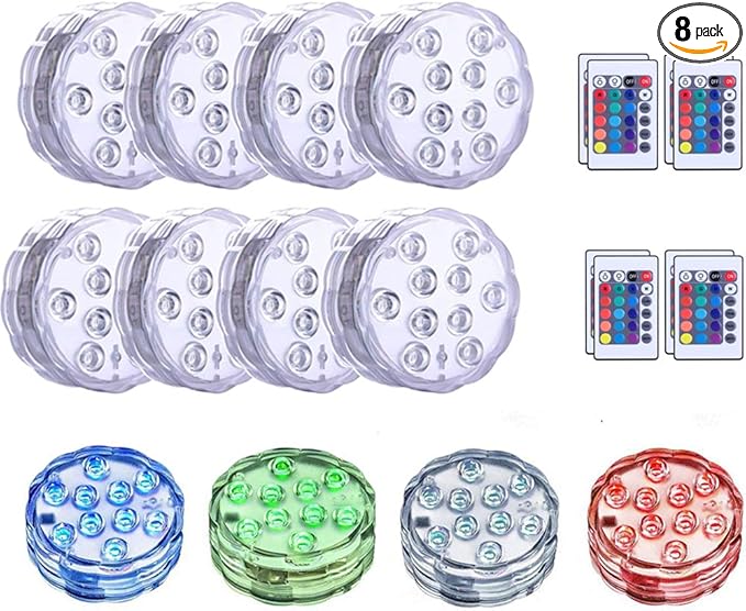 [8-Pack] Submersible Led Lights with Remotes, Kinhon Waterproof Submersible Lights Battery Operated, Underwater Pond Lights RGB Multi-color Pool Light for Pond, Garden, Base, Wedding
