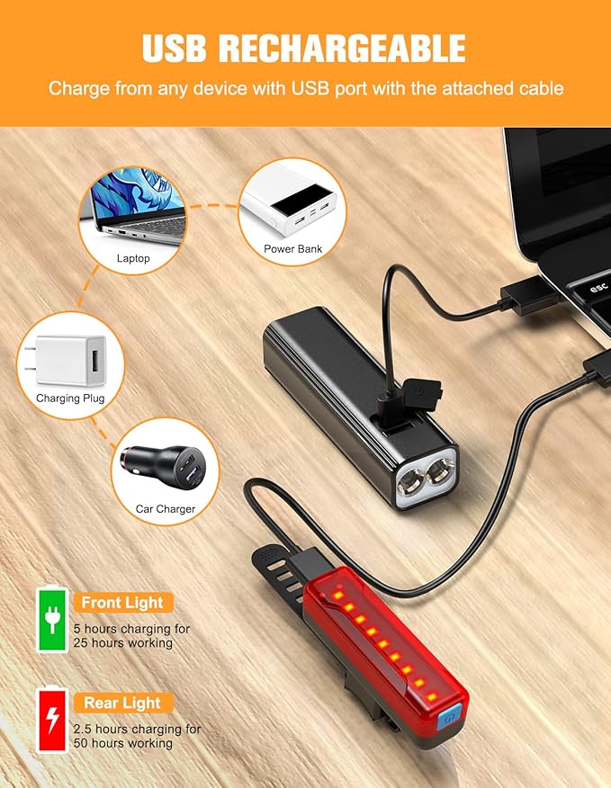 Bike Lights, 1200 Lumen USB Rechargeable LED Bike Light Set, Super Bright Bicycle Lights Front & Back Tail Light, Aluminum Alloy Cycling Bike Flashlight Torch, 5 Light Modes, IPX5 Waterproof