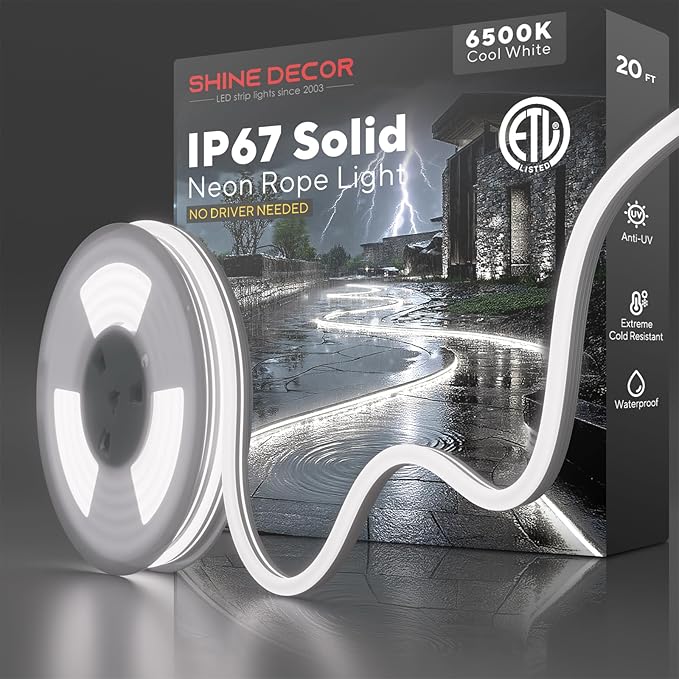 Shine Decor Outdoor Neon Rope Light IP67 Waterproof, ETL Listed Plug&Play 120V Driverless Flexible Solid Silicone LED Neon Lighting, -40 F Cold Resistant Durable for Pathway, 20ft 6500K Cool White