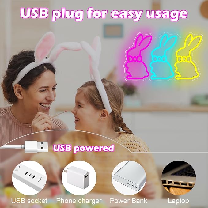 Easter Neon Sign Bunny Neon Light for Bedroom Home Three Rabbits Neon Window Lights Bunny LED Signs Easter Decor for Wall Cute Bow Rabbits Tabletop Decorations for Party