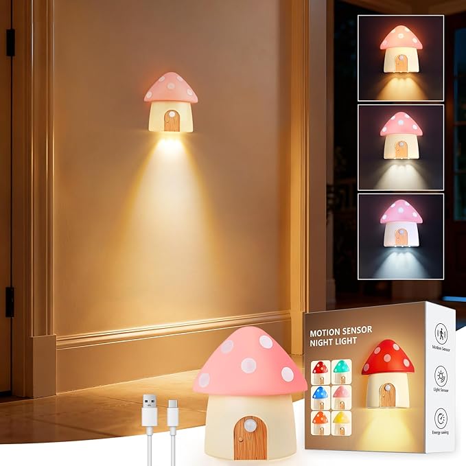 Mushroom Night Light, Rechargeable Motion Sensor Lights, 3 Color Temperatures 3000/4500/6000K & Dimmable Nightlight, Portable Led Night Lamps for Wall, Cabinet, Bedroom, Hallway, Pink