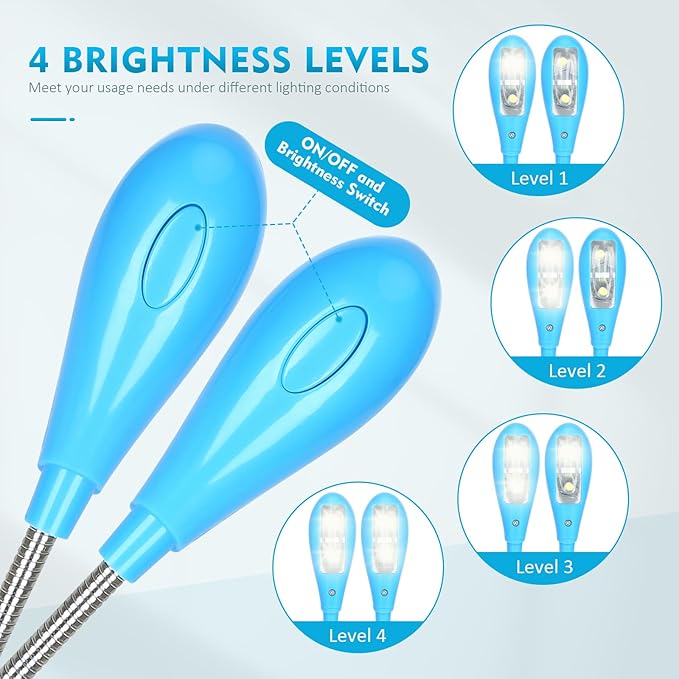 TEECOO Music Stand Light, Clip on LED Book Lights, USB and AAA Battery Operated, Reading Lamp in Bed, 4 Brightness Levels, Ideal for Musician, Piano Player, Travel (Dual Arm, Blue)