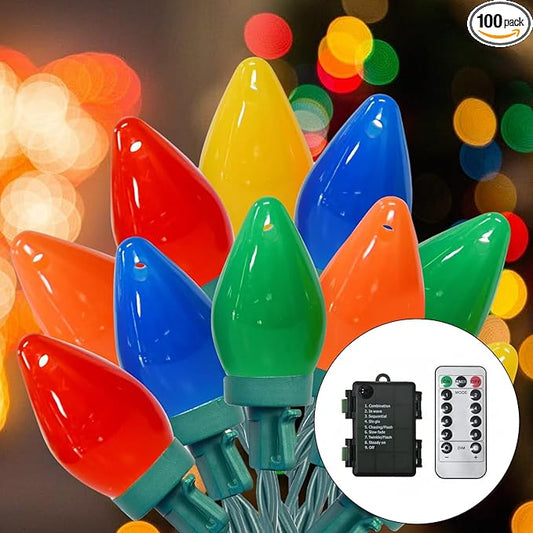 100LED C7 Christmas Lights Battery Operated Outdoor with 8 Mode Remote Control, 2 Sets 27.5FT 50 Twinkle Big Christmas Lights for Colored Xmas Tree, Home Garden Patio Decorations