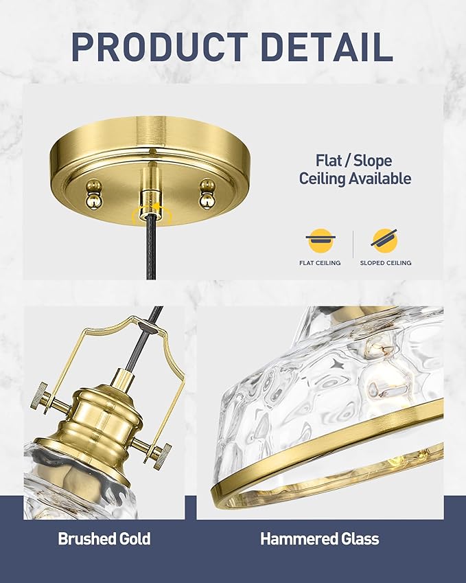 kudos 2 Pack Gold Pendant Lights Kitchen Island, 11" Brass Kitchen Island Lighting with Hammered Glass Shade, Farmhouse Hanging Light Fixture for Kitchen Sink Dining Room Hallways, KDPL13-GD-H-2PK