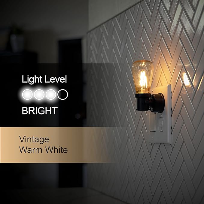 GE Vintage LED Edison Night Light, Plug-in, Dusk to Dawn, Farmhouse Decor, Mood Lighting, Home Decor, Ambient Lighting, LED Lights for Bedroom, Bathroom, Kitchen, Hallway, Black, 2 Pack, 71349