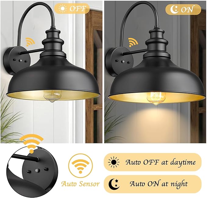 Bestshared Dusk to Dawn Sensor Farmhouse Barn Light, 11.5 Inch Dome Outdoor Barn Light, Outdoor Wall Sconce, Exterior Lighting Fixture, Farmhouse Porch Lights for Front Door(Black, 4 Pack)