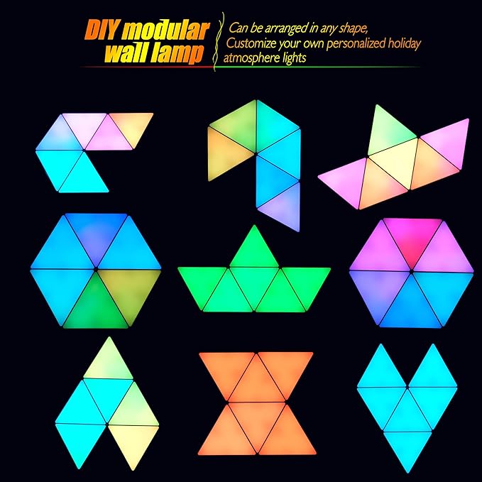 Smart RGB Modular Hex Light Panels LED Splicing Hexagon Bright Mood Wall Lamp Music Sync Creative DIY Geometric Gaming Lights Honeycomb Shape Panel Assembled Nightlight 6.3" Triangle-RGB- 6pcs
