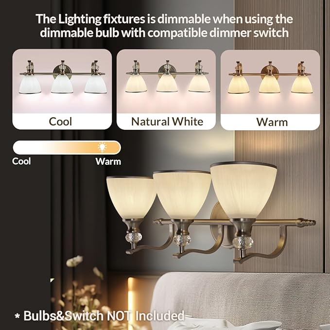 ANDY STAR Bathroom Light Fixture, 3-Light Bathroom Vanity Light Brushed Nickel, Vintage Wall Sconce with Hand-Painted Frosted Lampshade, Wall Lamp in Silver Finish for Bedroom, Living Room, Restroom