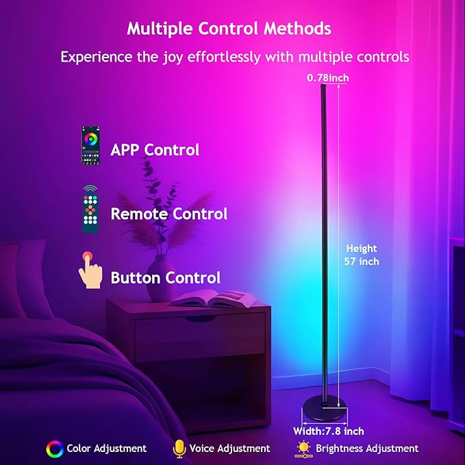 RGB+IC Floor Lamp with App Control 1000 Lumens Smart LED Corner Lamp Music Sync 16 Million DIY Colors for Living Room & Bedroom Black
