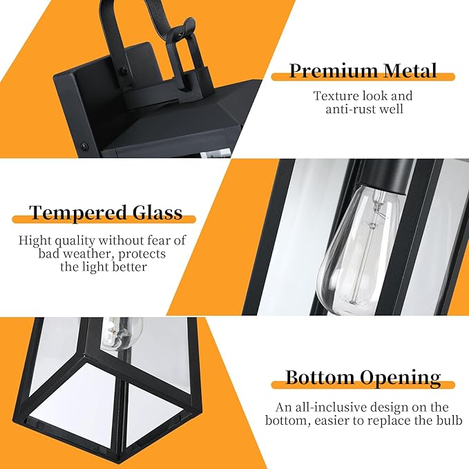 16'' Large Outdoor Wall Lights 2 Packs, Black Exterior Lighting Fixtures, Waterproof Outside Lights for House, Modern Outdoor Sconce Porch Light, Farmhouse Wall Lanterns for Front Door, Patio, Garage