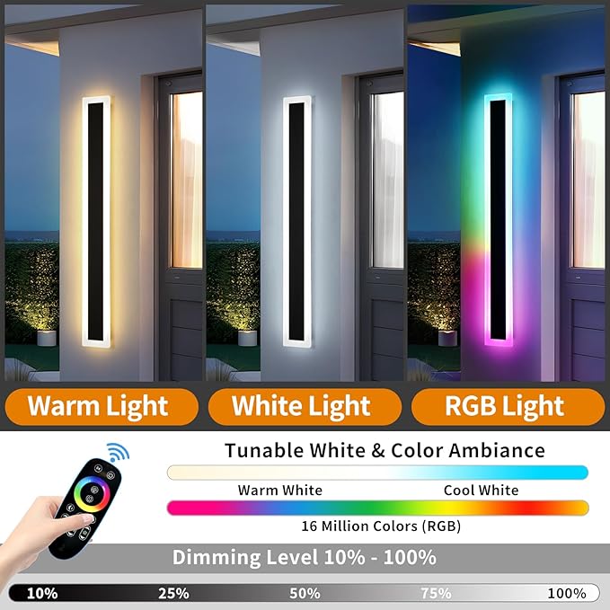 Mikeru Upgraded Widened RGB Long LED Wall Lights, 2Pack 31.4inch Outdoor Sconces RGB/Warm/White Dimmable Outdoor Wall Lights Exterior Front Porch Light Ip65 Waterproof Wall Sconce with Remote Control