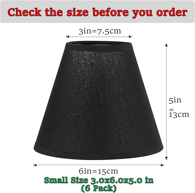 3" Top x 6" Bottom x 5" High Chandelier Shades, Black 3.0x6.0x5.0 Inches Linen Fabric Lampshades, Perfect Covers for 6 Light Pendant Light or Wall Sconce, Clip On Bulb, E12 Socket(Small Size, 6 Pack)