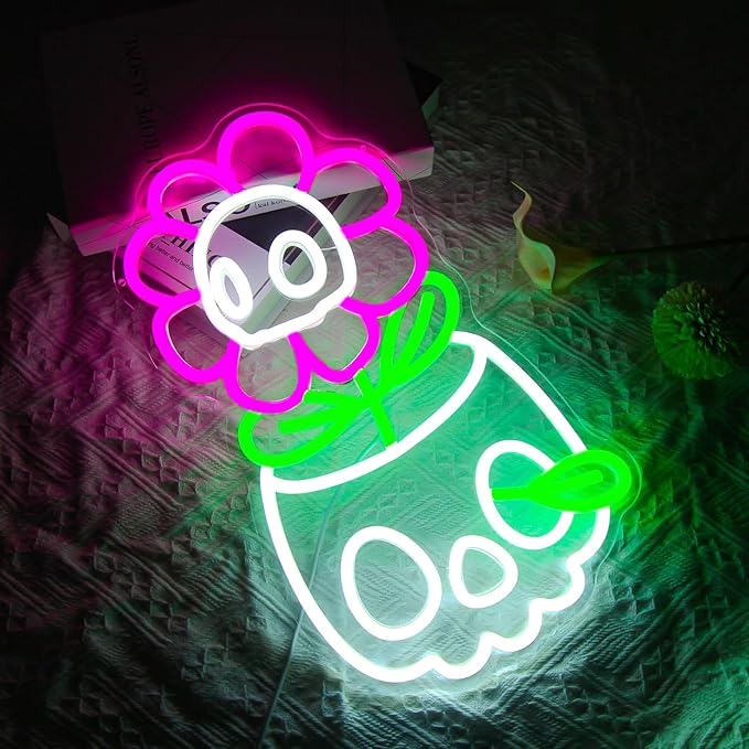 Skull Neon Sign for Wall Decor Halloween LED Sign Dimmable Cute Skull Flower Neon Sign for Boys Girls Bedroom, Game Room, Living Room, Man Cave, Halloween Party Decor Gifts