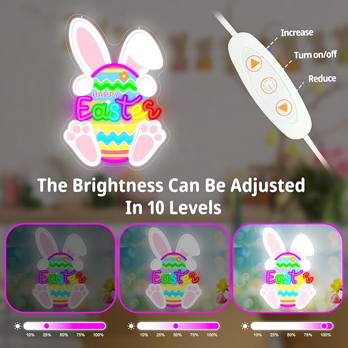 Easter Neon Sign Easter Bunny Egg Led Sign Dimmable Happy Easter Window Lights Printed Cute Bunny Light Up Signs Easters Gifts for Kids Teens Girls
