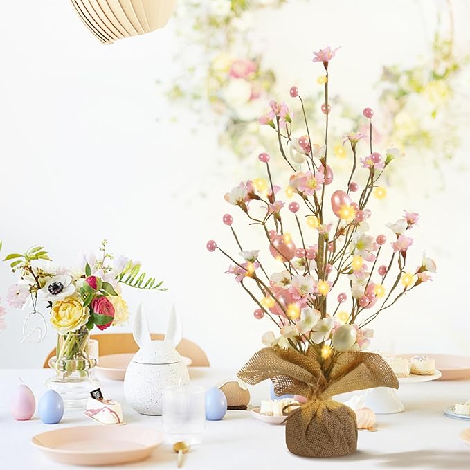 RoseCraft Easter Decorations, Artificial 18 Inch Easter Egg Tree Tabletop Decor with Delicate Ornaments, for Home Party Wedding Holiday Spring Summer Decoration Pink.