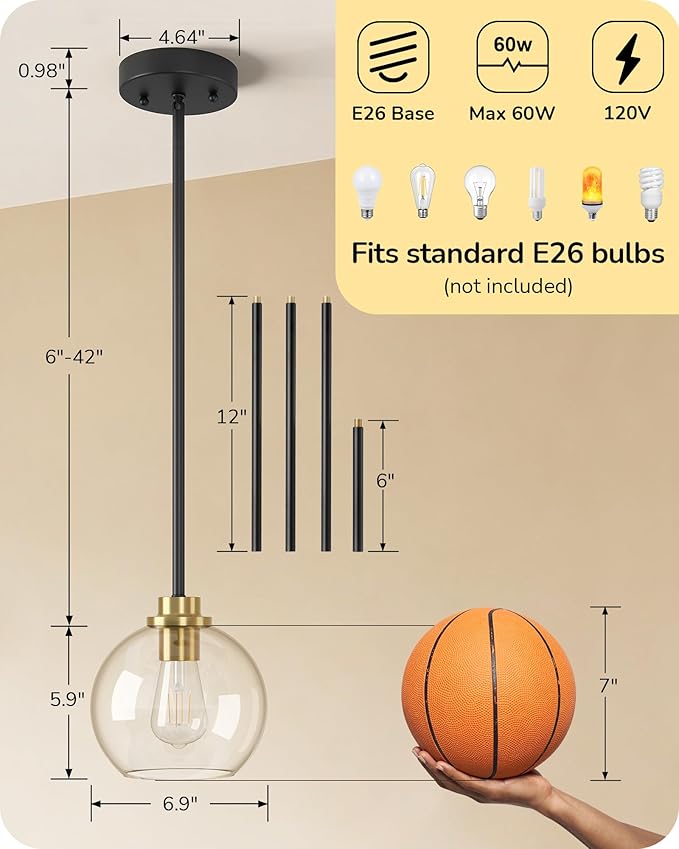 EDISHINE Modern Pendant Lights Kitchen Island 2 Pack, Hanging Light Fixture with Clear Glass Globe Shade, Hardwired Matte Black Adjustable Metal Rod for Bathroom, Dining Room, Bedroom