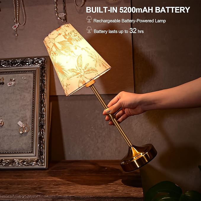 Cordless Table Lamp, 5200mAh Rechargeable Battery Operated Lamp, Portable LED Touch Lamp, 3-Level Brightness Dimmable, Small Patio Table Lamp, Night Lamp, Ambient Light for Restaurant(1Pack-GOLD)