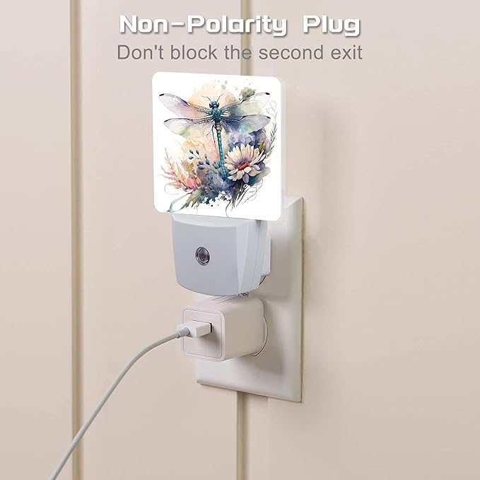 Watercolor Dragonfly Flowers Night Light, Vintage Insect Botanical Floral Leaves Dusk to Dawn Night Light Plug in,0.5w Energy Saving Sleep Friendly NightLight for Kids Boys Girls Home Decor