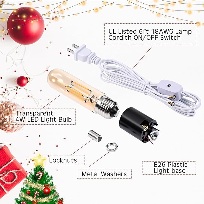 Baquler Large Ceramic Christmas Tree Wiring Kit, with 4 Watts LED Bulbs, E26 Candelabra Base, Lamp Wiring Kit, Christmas Tree Replacement Lights for Desk Lamp Lighting Large Size Objects DIY Projects