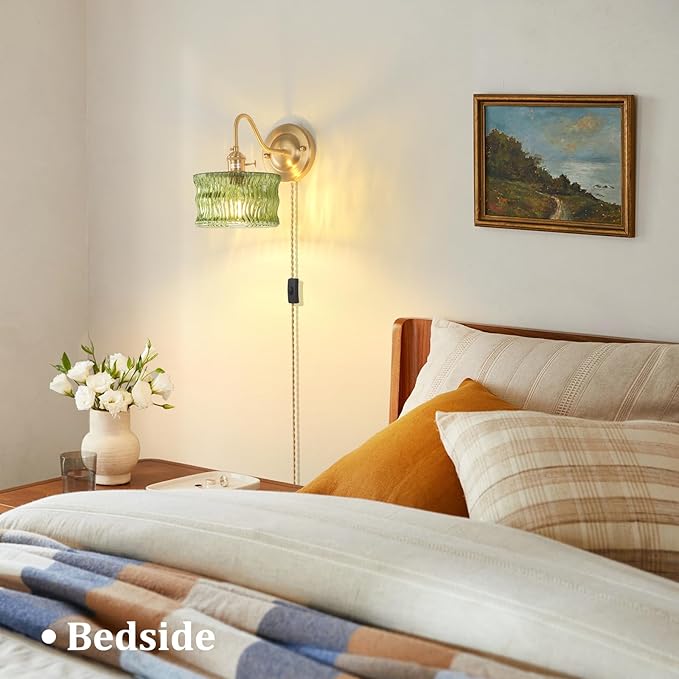 Plug in Wall Sconce Set of 2, Gold Vintage Wall Decor Lights with Green Ripple Glass Shade, Indoor Brass Corded Wall Lamp Fixture for Bedroom Living Room Bathroom Hallway