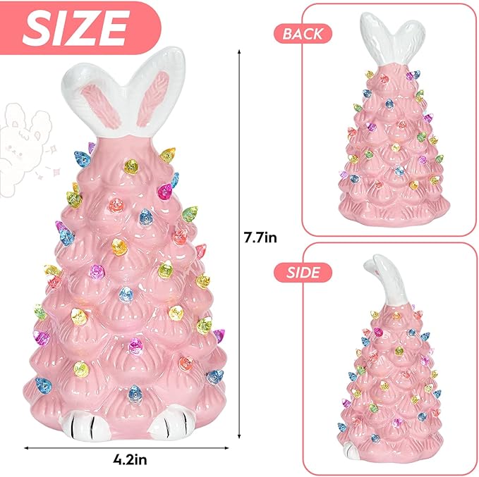 Cute Ceramic Easter Tree Bunny Decor, Light up Easter Bunny Decor Spring Decorations for Indoor Bedroom Office Decor Tabletop for Kid Gifts (Pink)