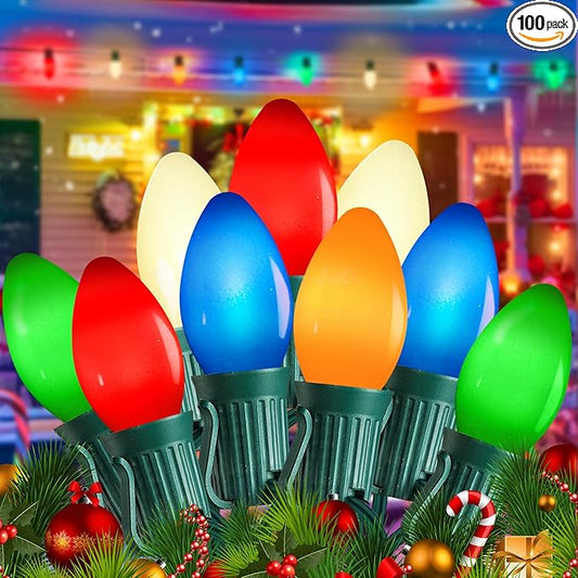 100FT C7 Multicolor Christmas Lights Outdoor, Vintage Christmas Lights String with 100+5 LED Colorful Bulbs, Hanging Christmas String Light for Home Patio Party Indoor Outdoor Christmas Decorations
