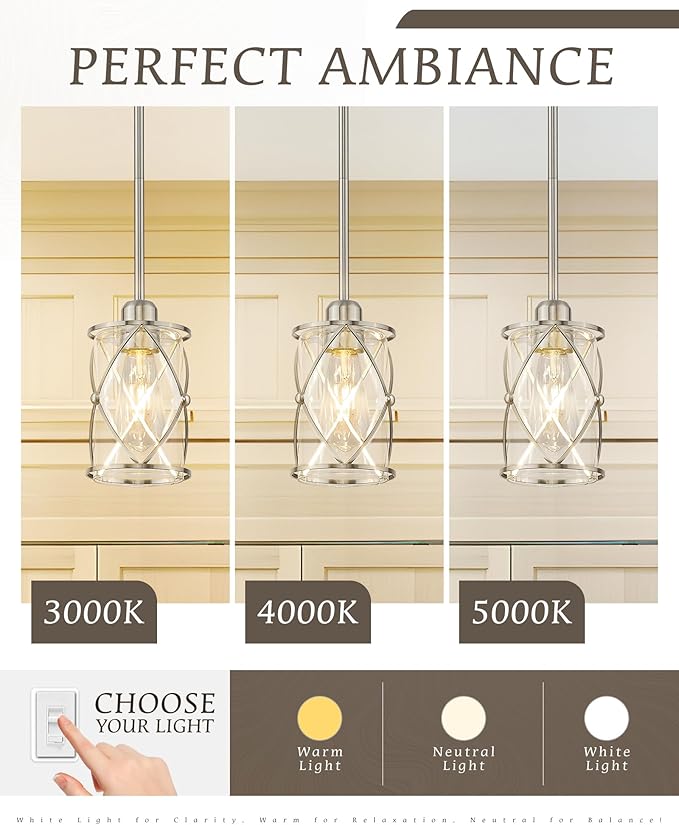 Brushed Nickel Pendant Lights Kitchen Island 2 Pack, Mini Glass Pendant Light Fixtures with Clear Glass, Modern Hanging Lighting for Kitchen Sink Dining Room Bathroom, CH9176BN-2PK