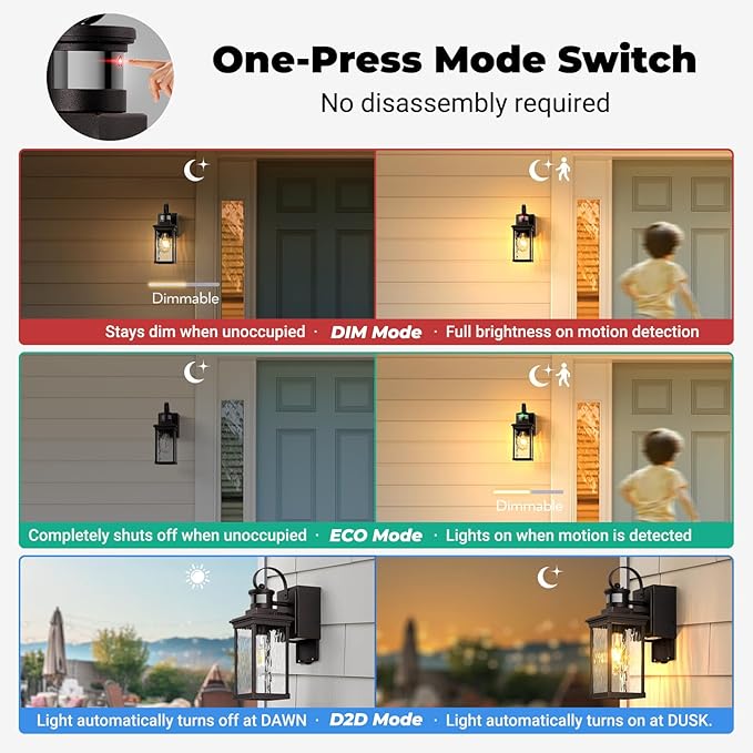 Exterior Lighting Fixtures Wall Mount for Garage with GFCI Outlet, Oil Rubbed Bronze Gold Trim Farmhouse Motion Sensor Porch Lights Outdoor, Outside Sconces for House with Water-Ripple Glass