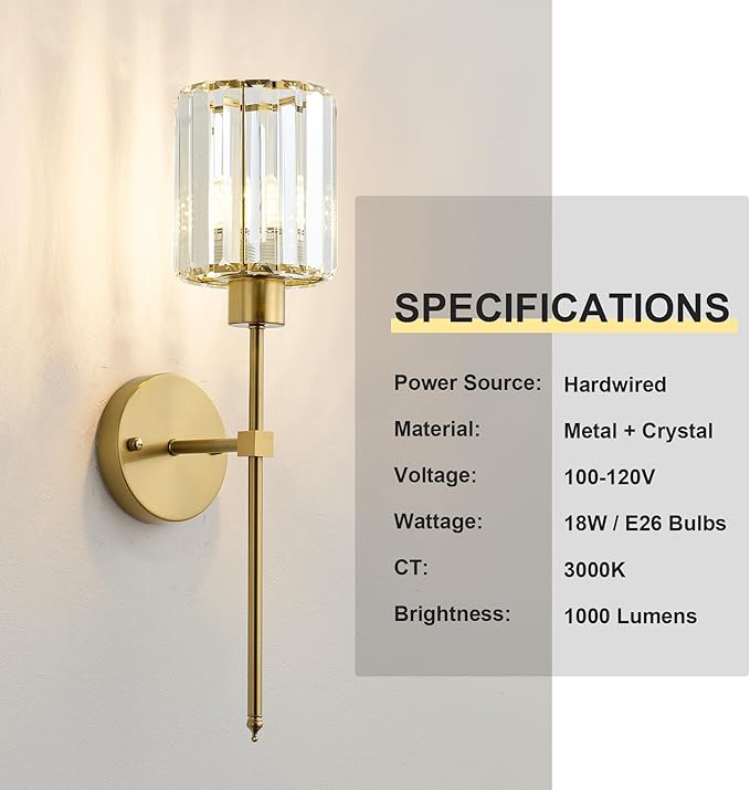 Hardwired Crystal Wall Sconces Set of Two - Dimmable Wall Light Fixtures 3000K, Warm White, for Hallway, Bathroom, Living Room, Bedroom, Brass, 20.1 Inch