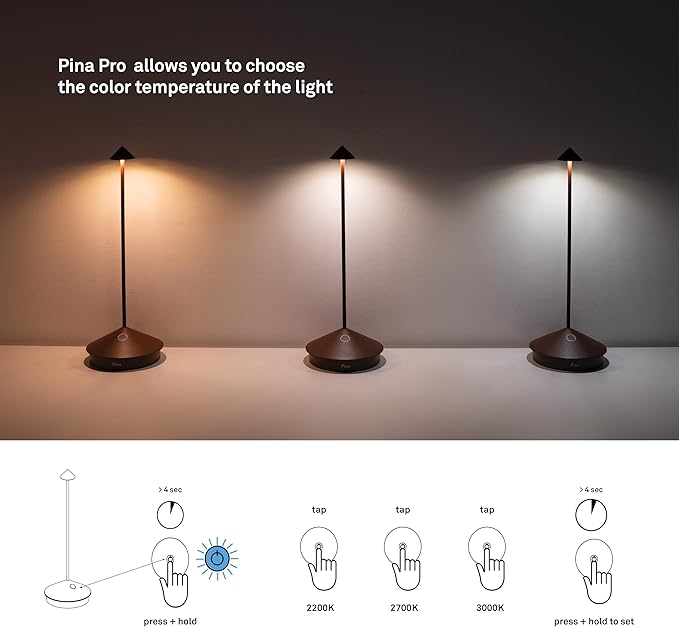 Zafferano, Pina Pro Lamp, Rechargeable Cordless Table Lamp with Touch Controls, Suitable for Indoor and Outdoor, Dimmer, 2200-3000 K, Height 11.4 Inches, Dark Gray Color