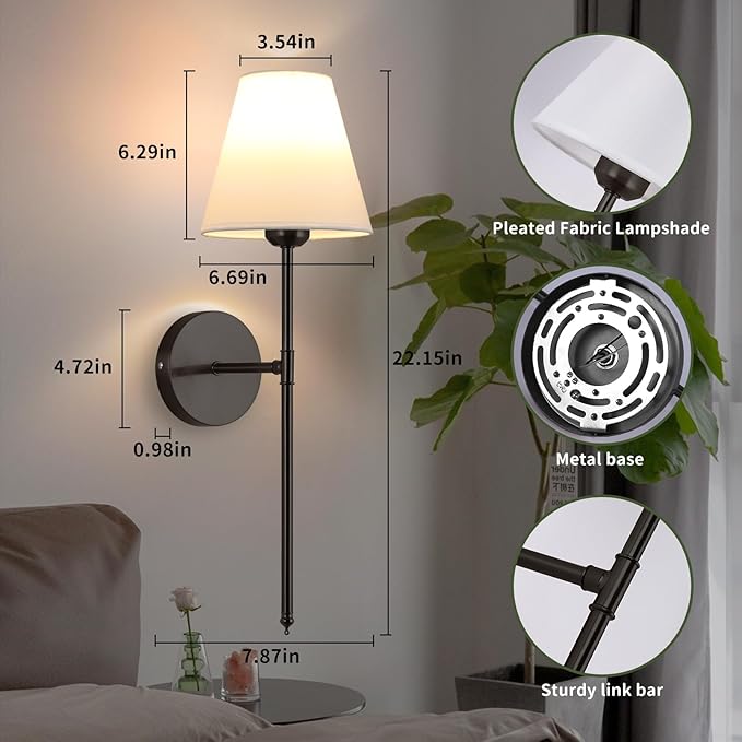 Battery Operated Wall Sconce Set of 2,15 Colors Wireless Wall Light With Dimmable Remote Control Last 18-50 Hours,Black Rechargeable Wall Lamp With White Fabric Shade For Living Room Bedroom Hallway