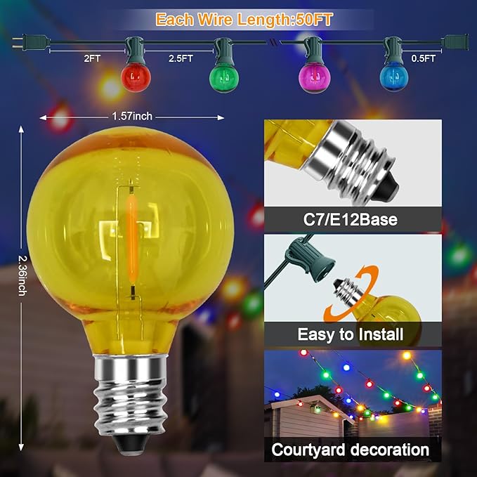 50Ft Outdoor Clear Multicolor Lights, LED G40 Globe Patio String Lights with 25 0.6W Colorful Bulbs(2 Spare), Outside Christmas Lights for Holiday Party Backyard Christmas