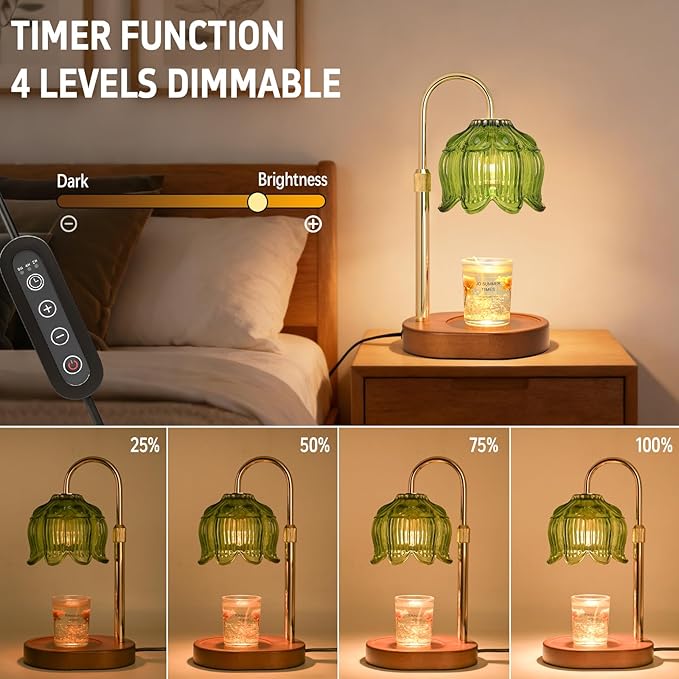 Candle Warmer lamp with Timer Dimmer,Electric Candle Warmer, Vintage Flower Lotus lamp,Compatible with Various Candles, Gifts for Mom Women,Candle Lamp for Bedroom Home Decor (Flower lamp-Green)