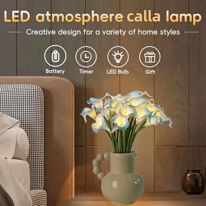 20pcs Lighted Artificial Calla Lily Bouquet Lamp Faux Floarl Night Light Real Touch Flower Night Lamp LED Calla Lily lighted Artificial Flower for Holiday Gifts Home Kitchen Decor(Light Blue, No Vase)