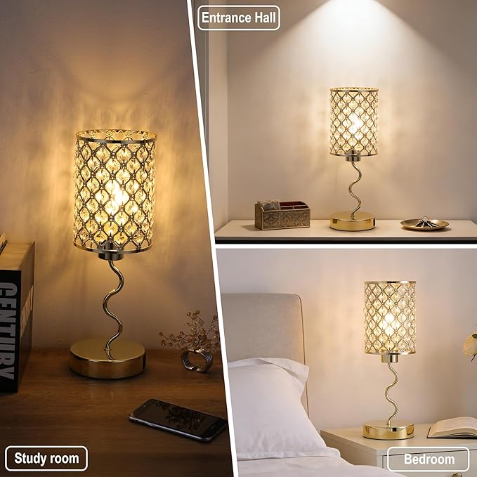 Crystal Table Lamp with 3 Way Dimmable Touch Control, Nightstand with USB A+C Ports, Modern Bedside Touch Lamp for Bedroom, Living Room, Office Reading, Gold