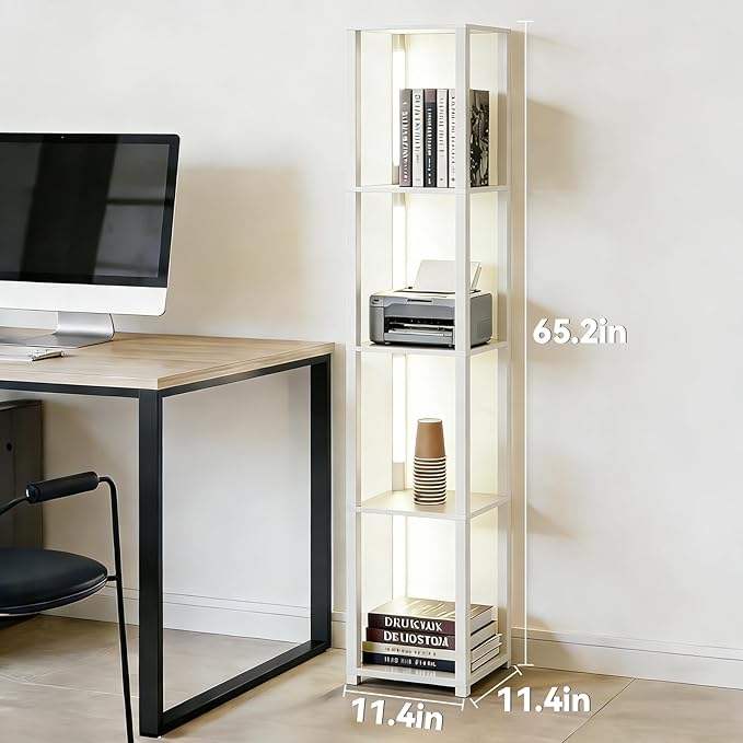 RGBCW Floor Lamp with Shelves, Smart Modern Floor Lamp with Music Sync, LED Color Changing Corner Display Shelf Lamp, Tall Lamps for Living Room and Bedroom, Bookshelf Lamp, White