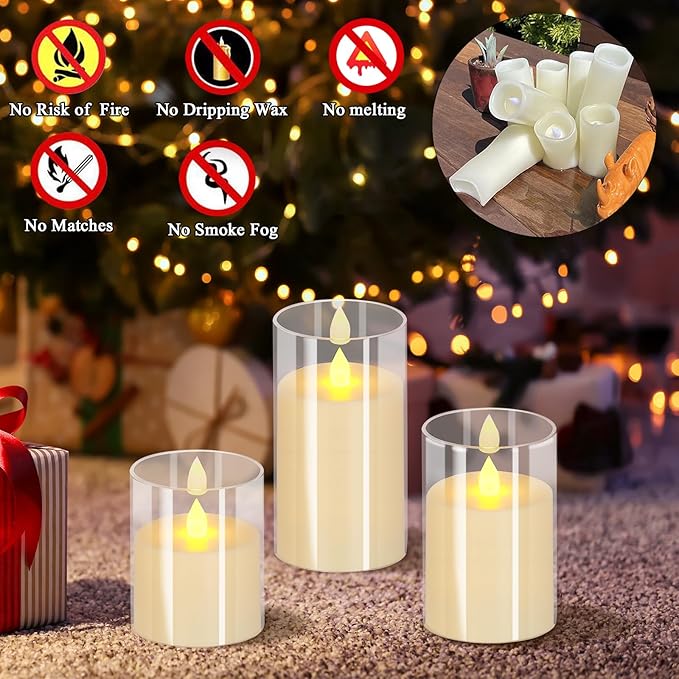 Flameless Candles 4" 5" 6" Set of 3 Acrylic Glass Pillars 3" Diameter Battery Operated Flickering Candles Include 8-Key Remote with Timer Function 400+ Hours (Pure White, 3 Pack)