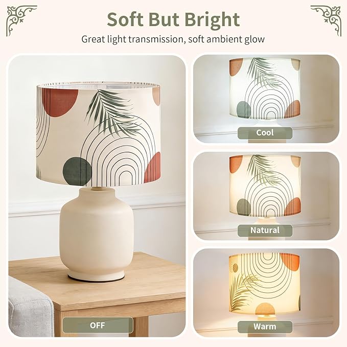 Fabric Linen Lamp Shade, Boho Lampshade with Tropical Plant and Line Pattern, 13x10inch Lamp Shades for Floor Lamps fit with Spider/Uno, Drum Lampshades for Table Lamp/Pendant (Easy Assemble)