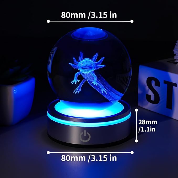 3D Axolotl Crystal Ball Night Light With LED Colorful Light Touch Base 3.15 In Glass Ball Lamp for Birthday Christmas, Cool Toy Gift for Boys Girls Kids Axolotl Figurines Home Decor