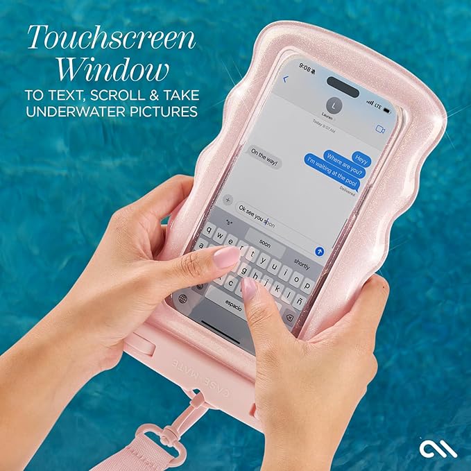 Case-Mate Wavy IP68 Waterproof Phone Pouch - Large Floating Phone Case w/Crossbody Lanyard - Cruise Ship Travel Essentials Compatible w/All Devices - Hidden Pocket for Card/Cash- Ballet Pink Twinkle