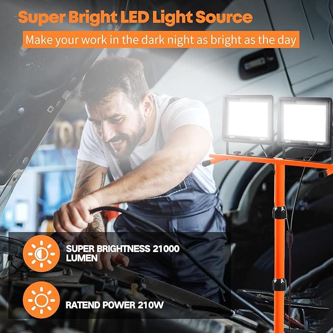 21000 Lumen Work Lights with Stand, 2 Adjustable Head LED Work Light, with Adjustable and Foldable Tripod Stand, Waterproof Lamp with Individual Switch with 6500 Kelvin Color Temperature